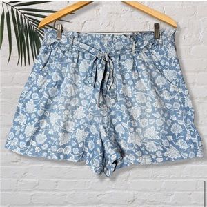🩵 Knox Rose High Rise Chambray Floral Belted Paperbag Shorts With Belt 🩵
